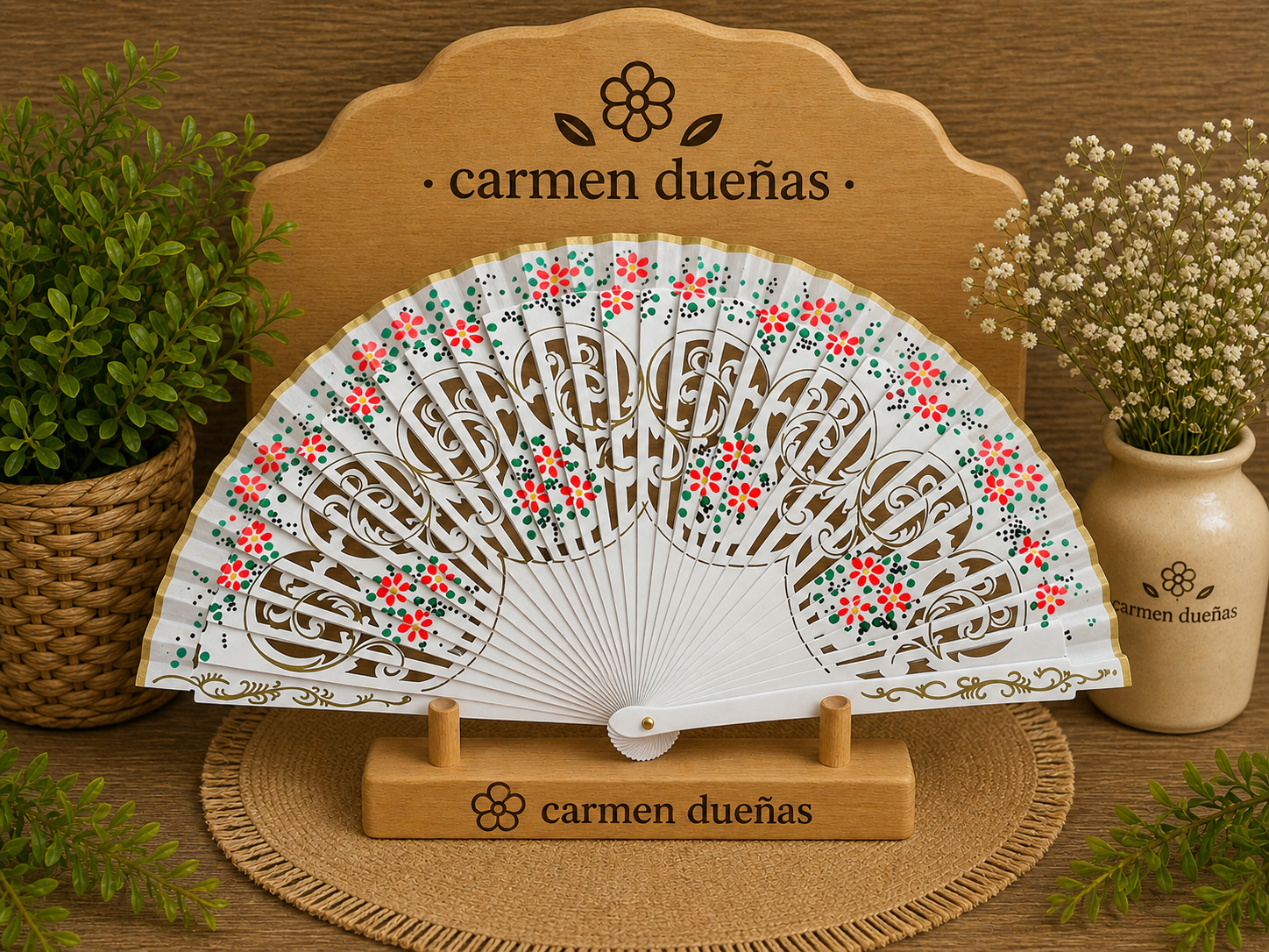 🤍 Abanico blanco floral con detalles dorados 🌸