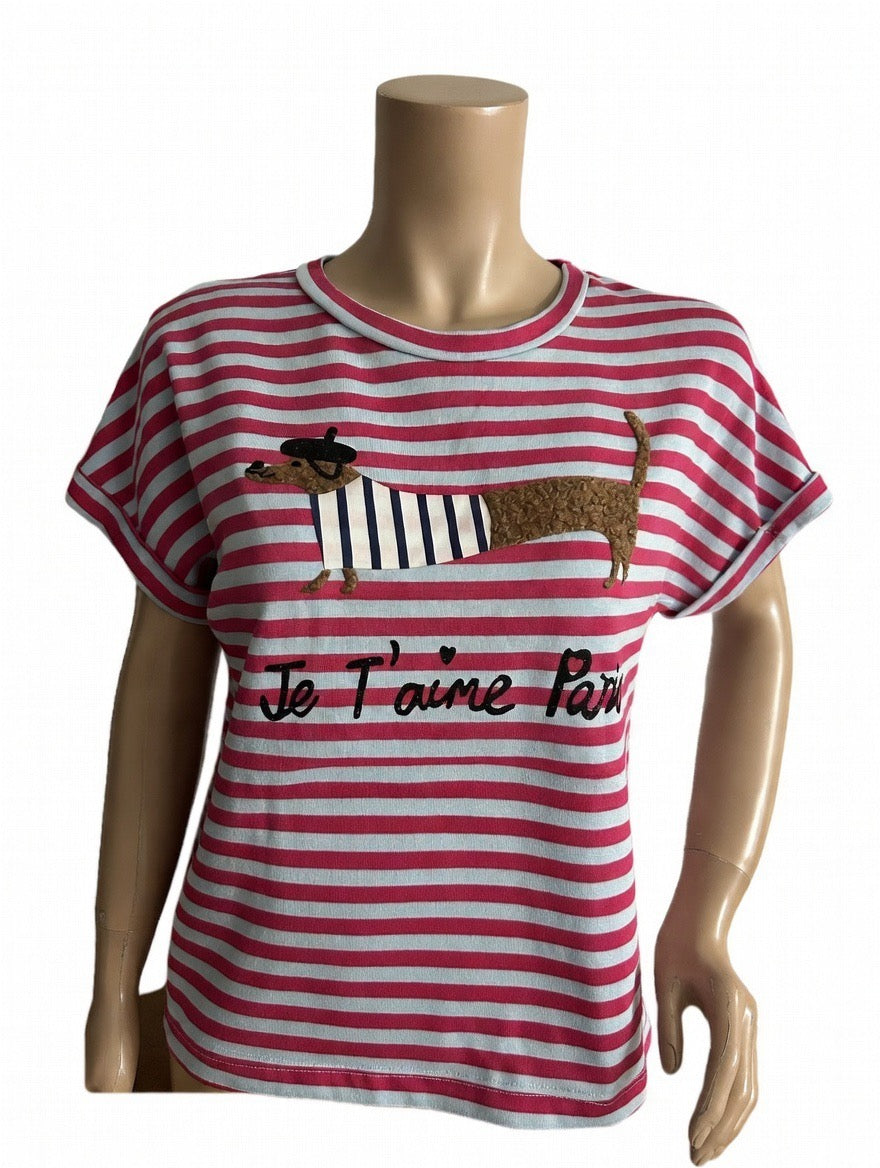 👕 Camiseta de rayas con mensaje y perrito TECKEL (salchicha) 🌭🐕 Sí, sí… el famoso perrito salchicha que roba corazones 💘