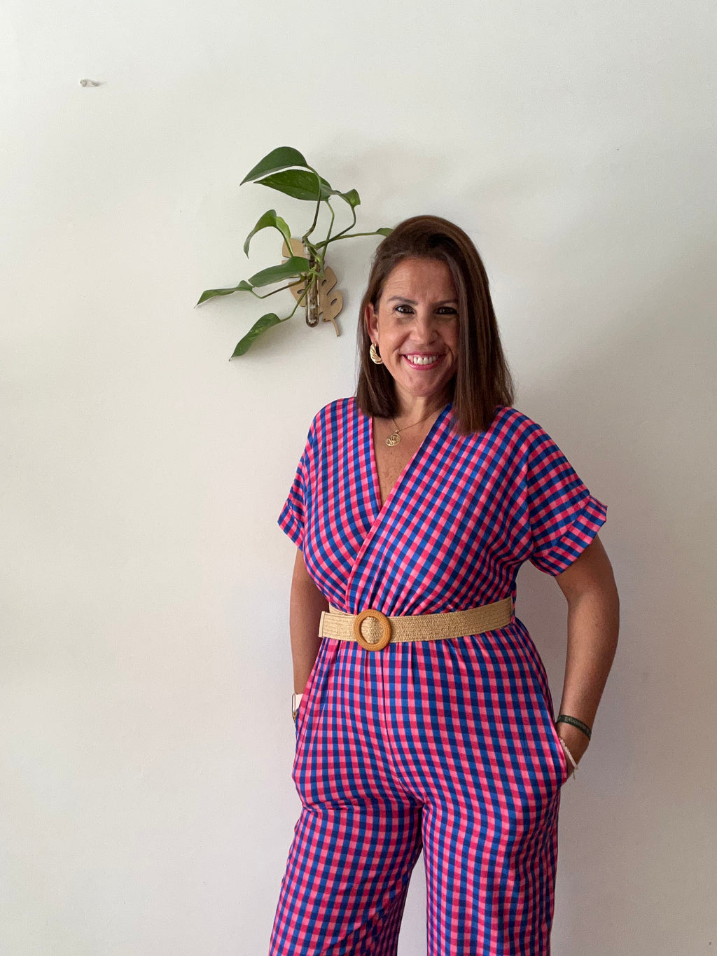 💖 Mono Vichy Fucsia & Azul con Cinturón