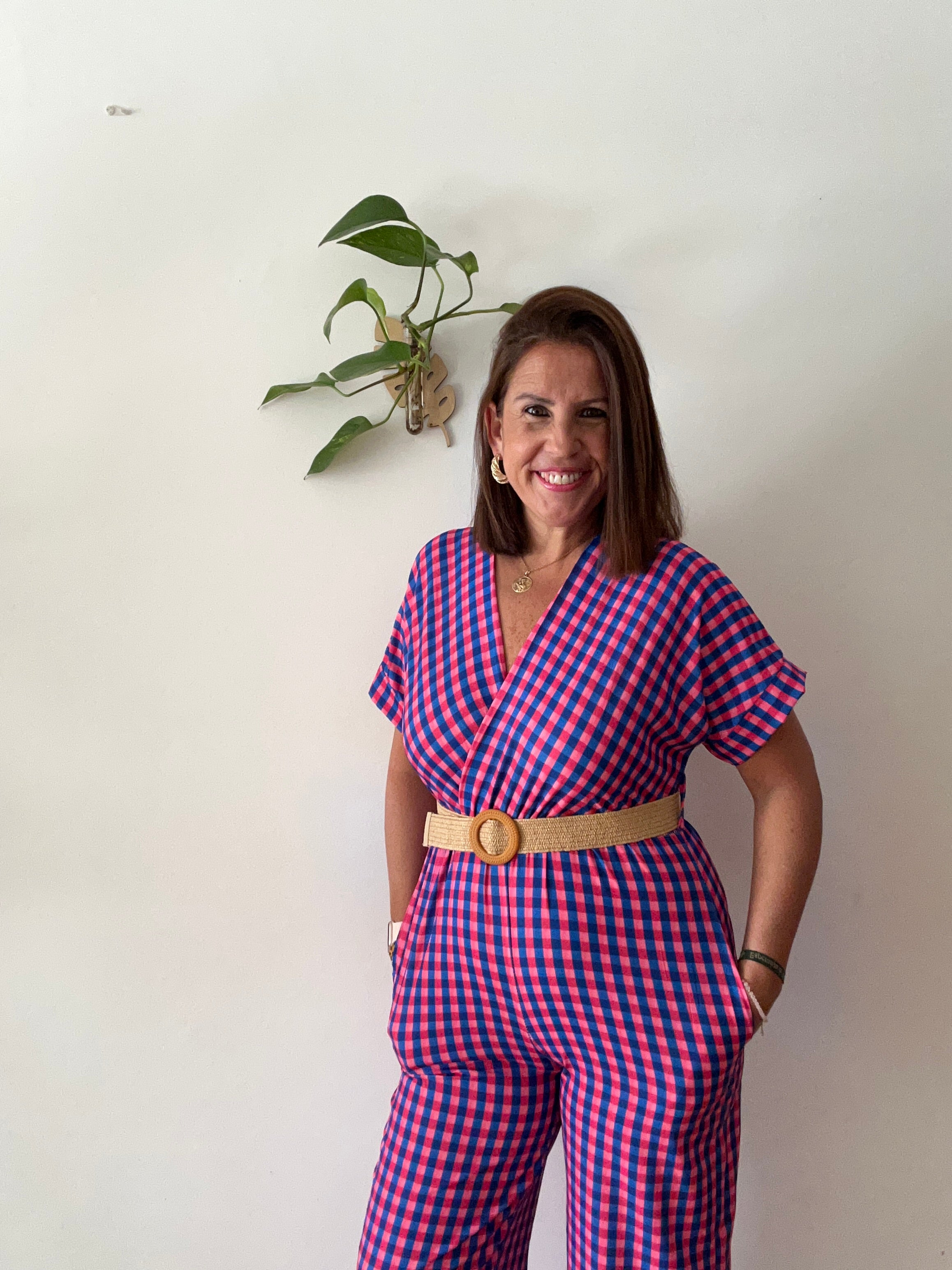 💖 Mono Vichy Fucsia & Azul con Cinturón