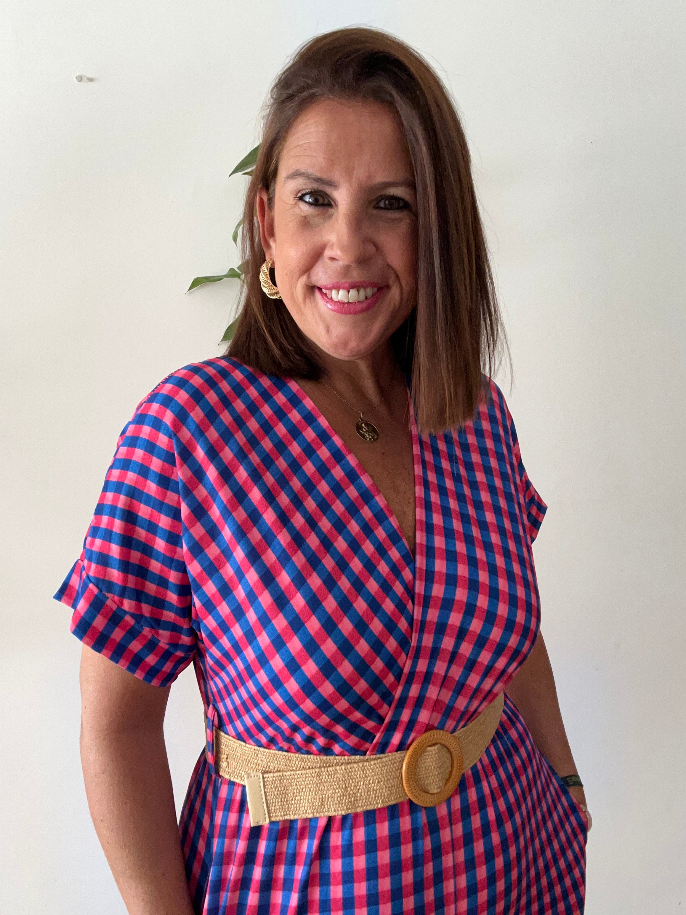 💖 Mono Vichy Fucsia & Azul con Cinturón