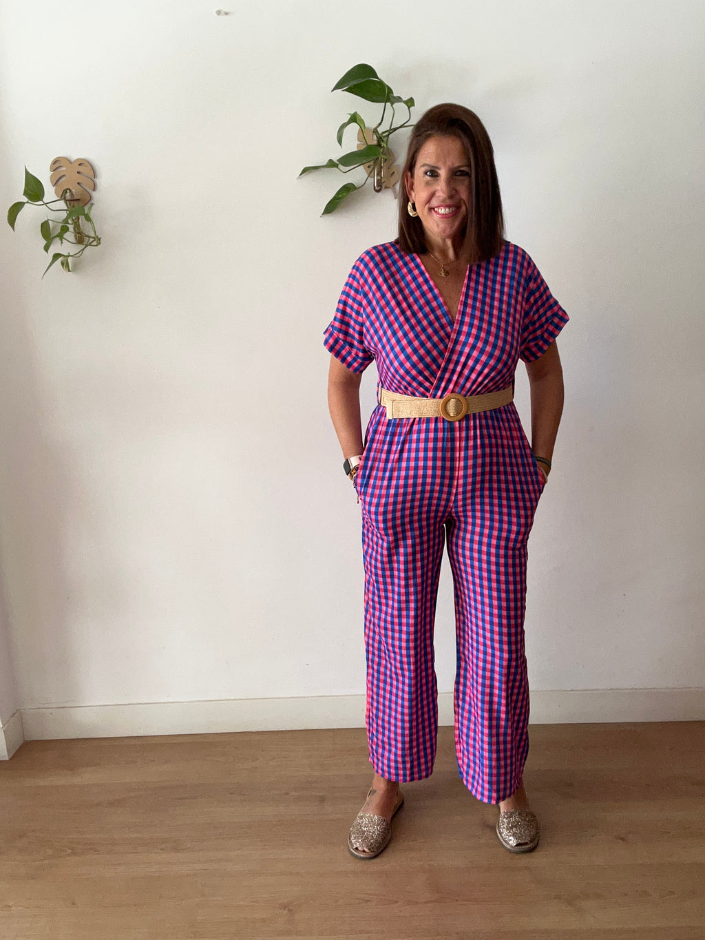 💖 Mono Vichy Fucsia & Azul con Cinturón