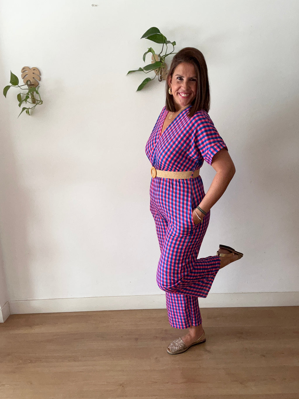 💖 Mono Vichy Fucsia & Azul con Cinturón