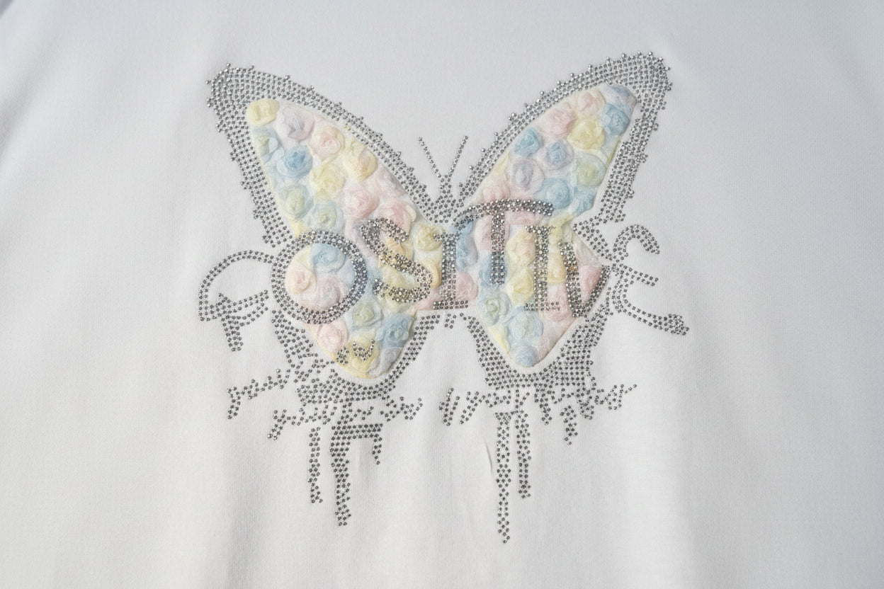 Camiseta Blanca Butterfly Shine Mariposa Pedrería - Mujer