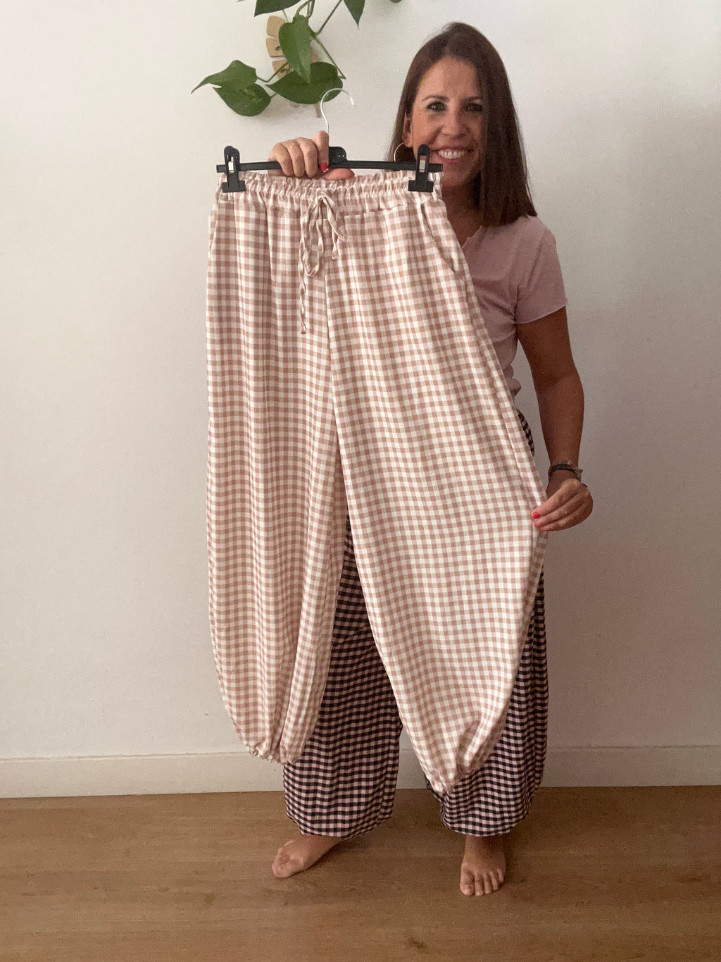 ✨ Pantalón Bombacho Vichy Rosa y Beige ✨
