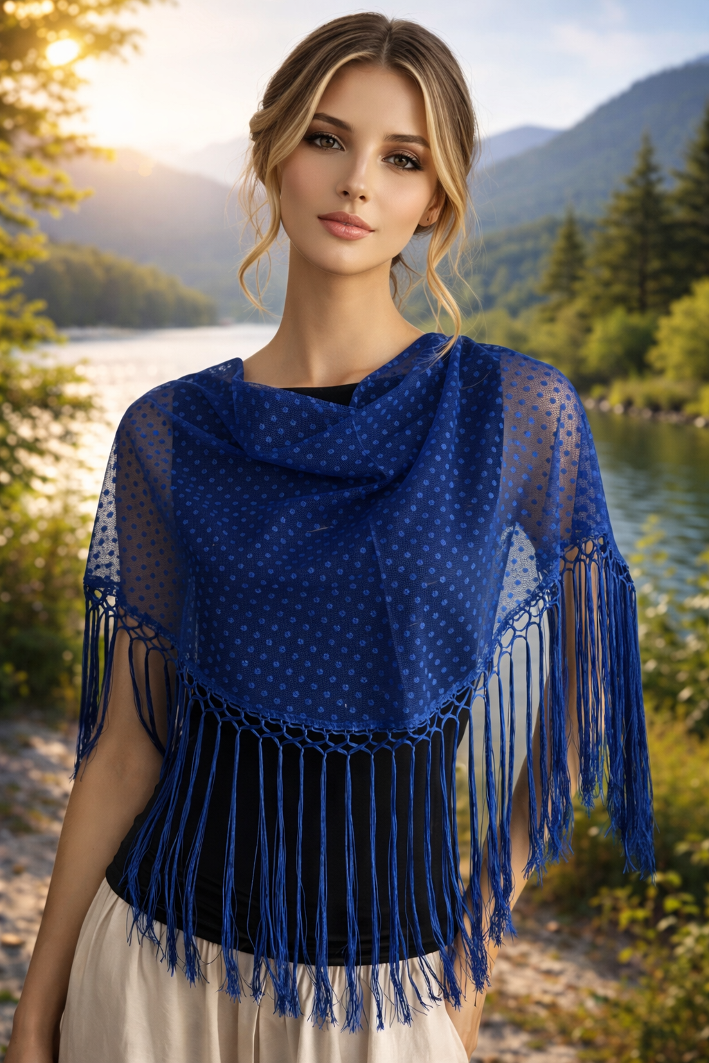 💙 Mantón azul con flecos – Elegancia con aire moderno