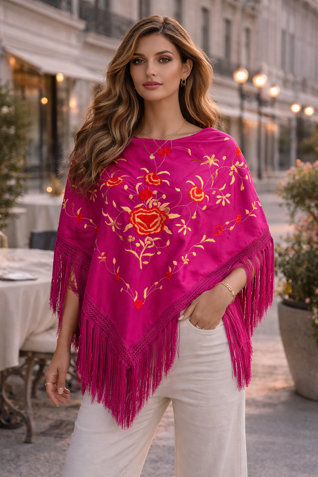✨ Mantón bordado fucsia con flecos – Elegancia y tradición reinventada ✨