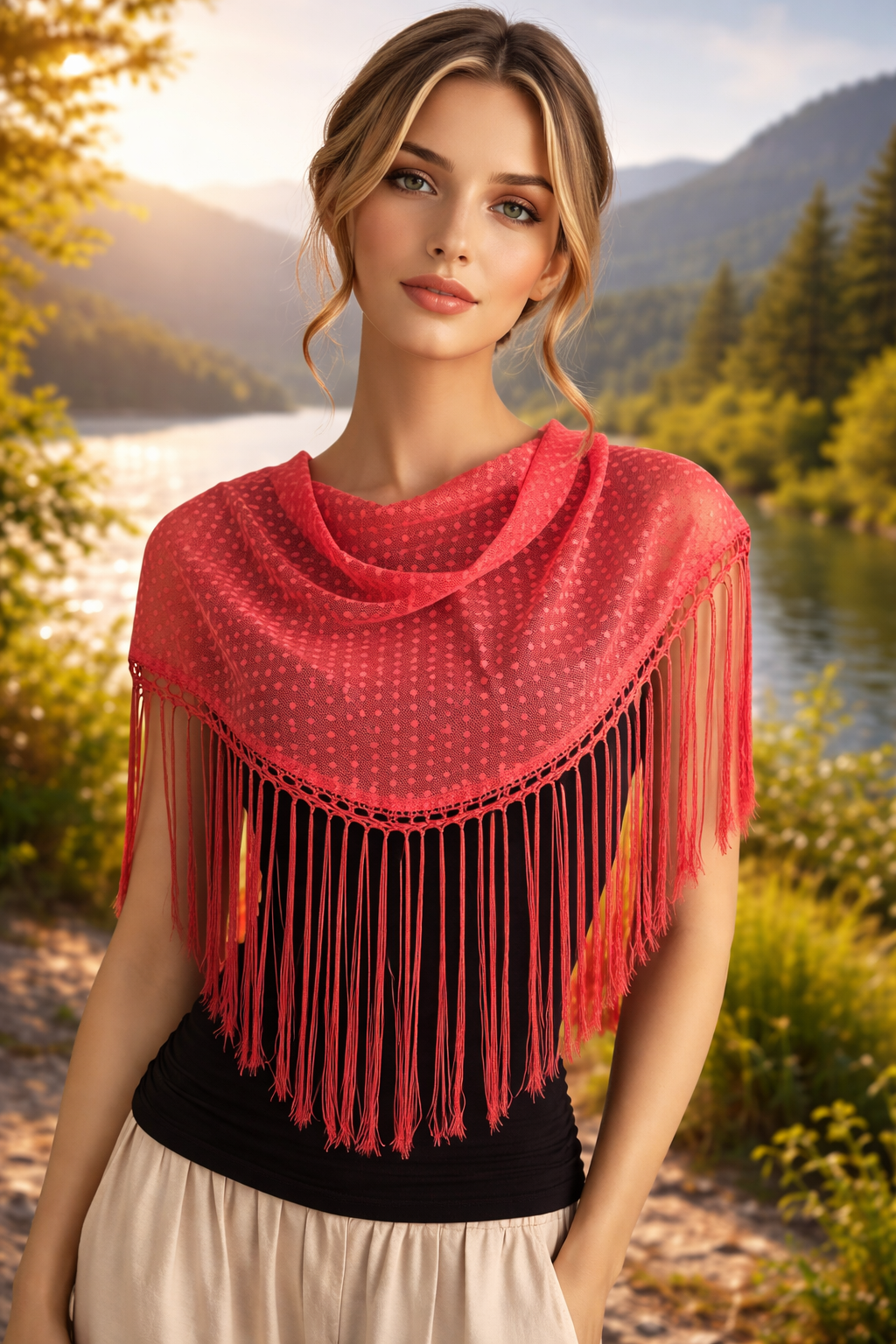 Mantón Color Coral de topitos con flecos