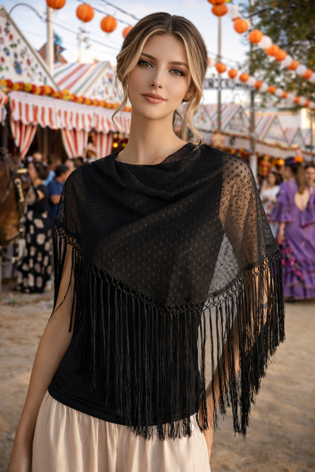 🖤 Mantón negro con flecos – Elegancia flamenca para feria
